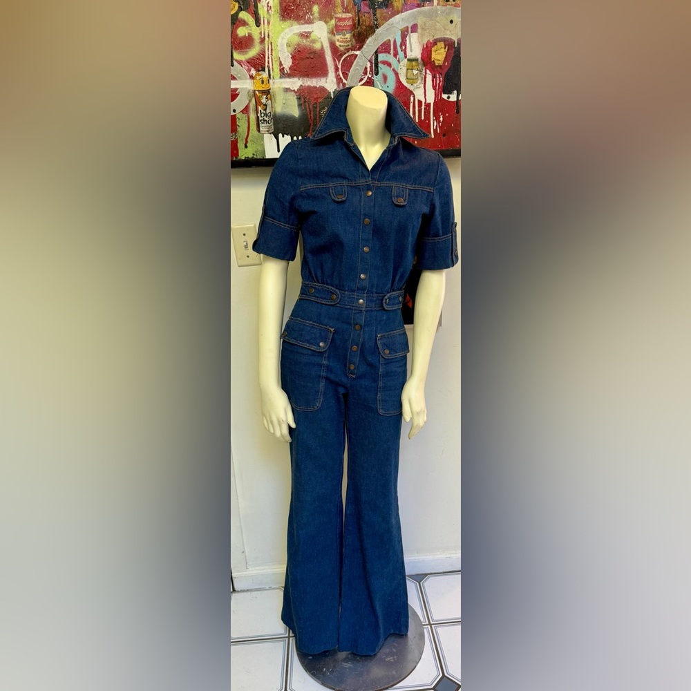 RARE! 70’s authentic denim jean one piece jumpsuit bell bottoms “MALE” brand XXS